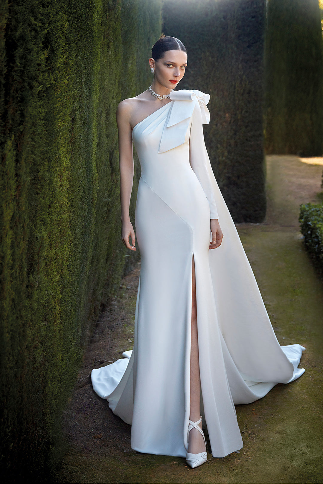 One Shoulder Wedding Dress With Cape Crepe One-Shoulder Mermaid