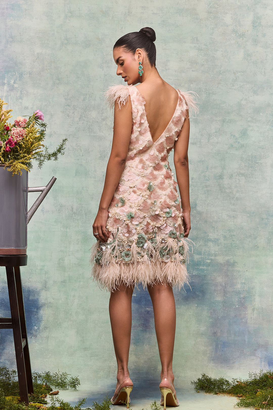 Feather and Floral Embroidery Midi Dress
