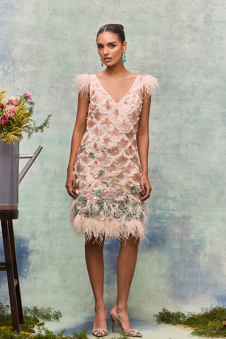 Feather and Floral Embroidery Midi Dress
