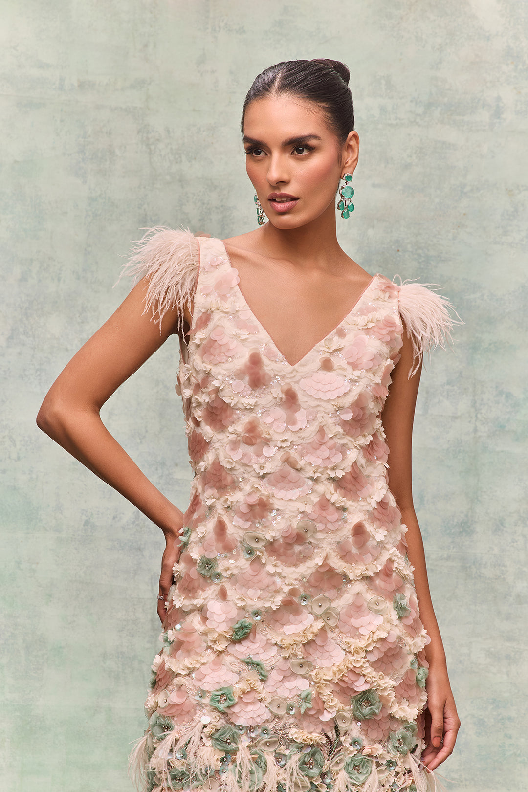 Feather and Floral Embroidery Midi Dress