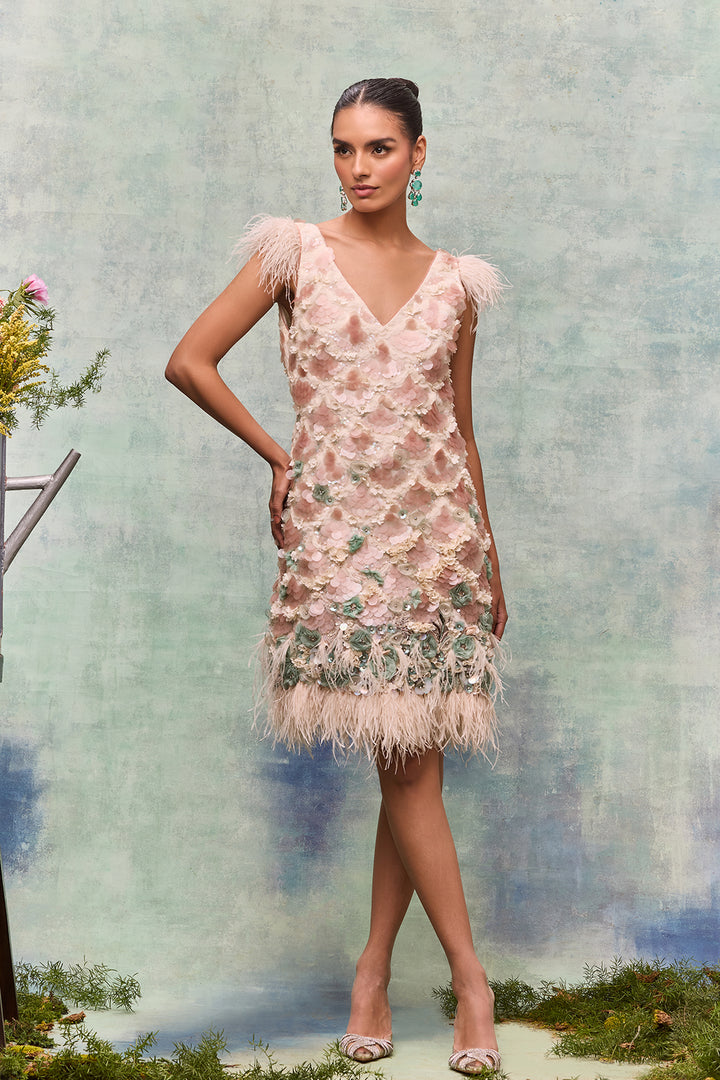 Feather and Floral Embroidery Midi Dress