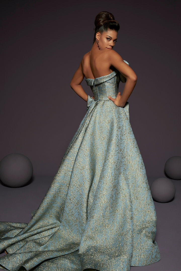 Metallic Strapless Mermaid Dress with Bow