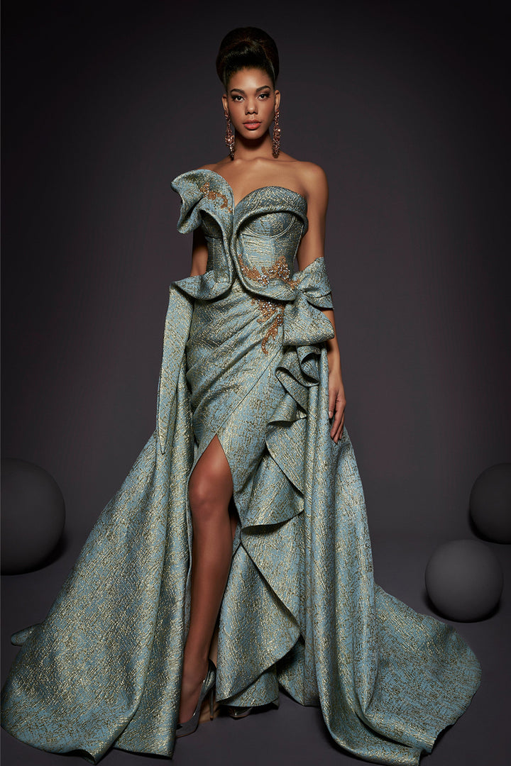 Metallic Strapless Mermaid Dress with Bow