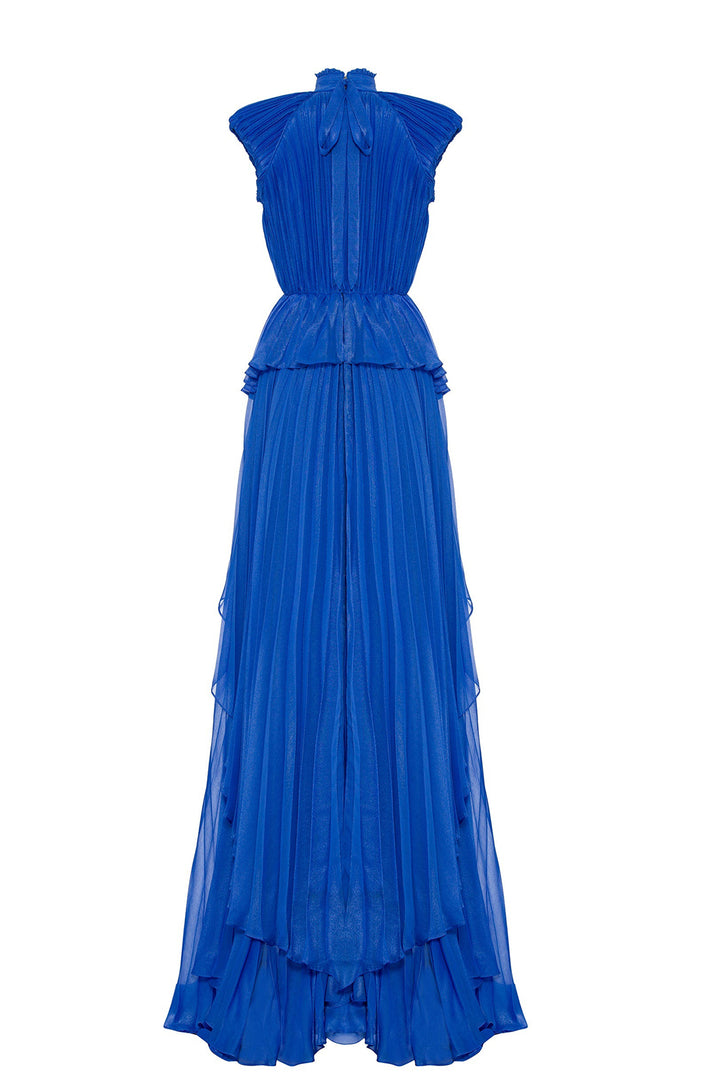 Plissé High-Neckline Belted Flared Dress