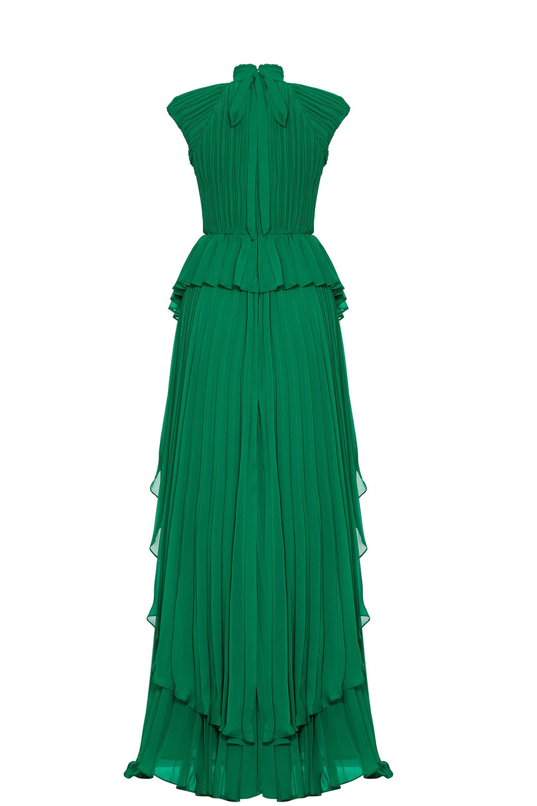 Plissé High-Neckline Belted Flared Dress