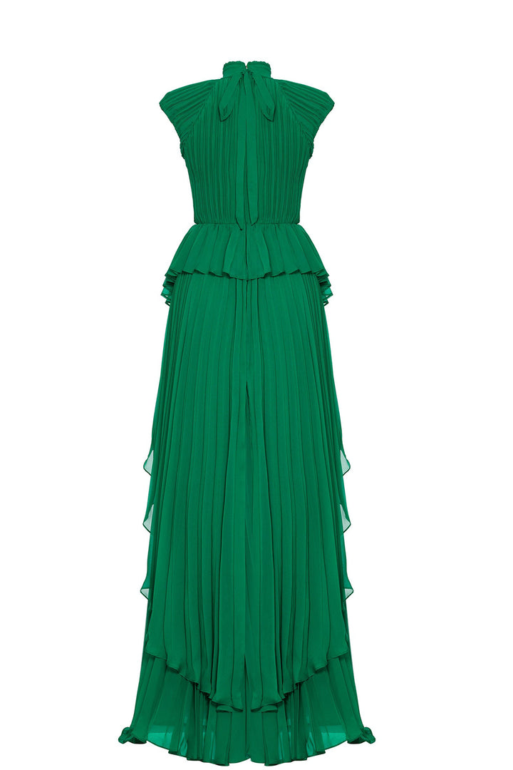 Plissé High-Neckline Belted Flared Dress