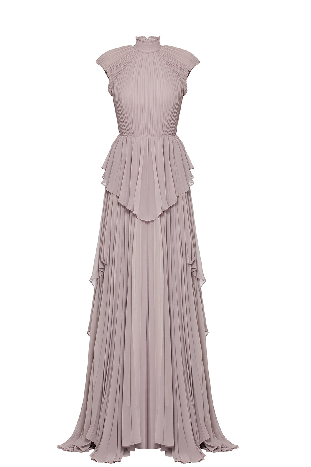 Plissé High-Neckline Belted Flared Dress