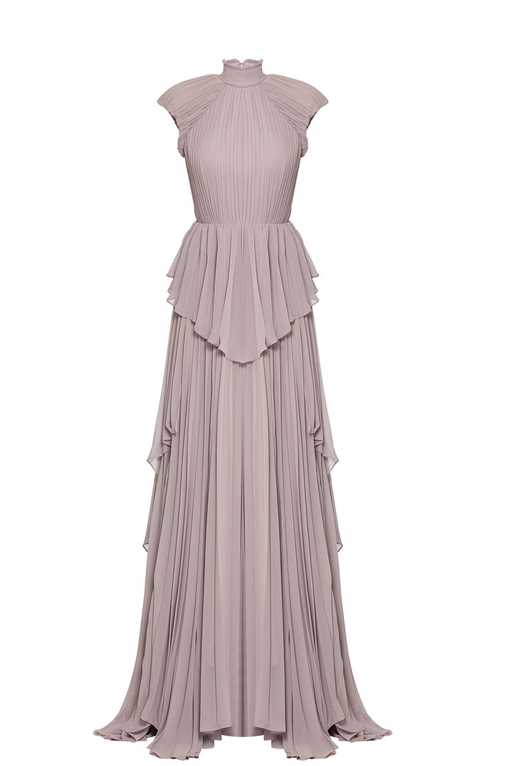 Plissé High-Neckline Belted Flared Dress