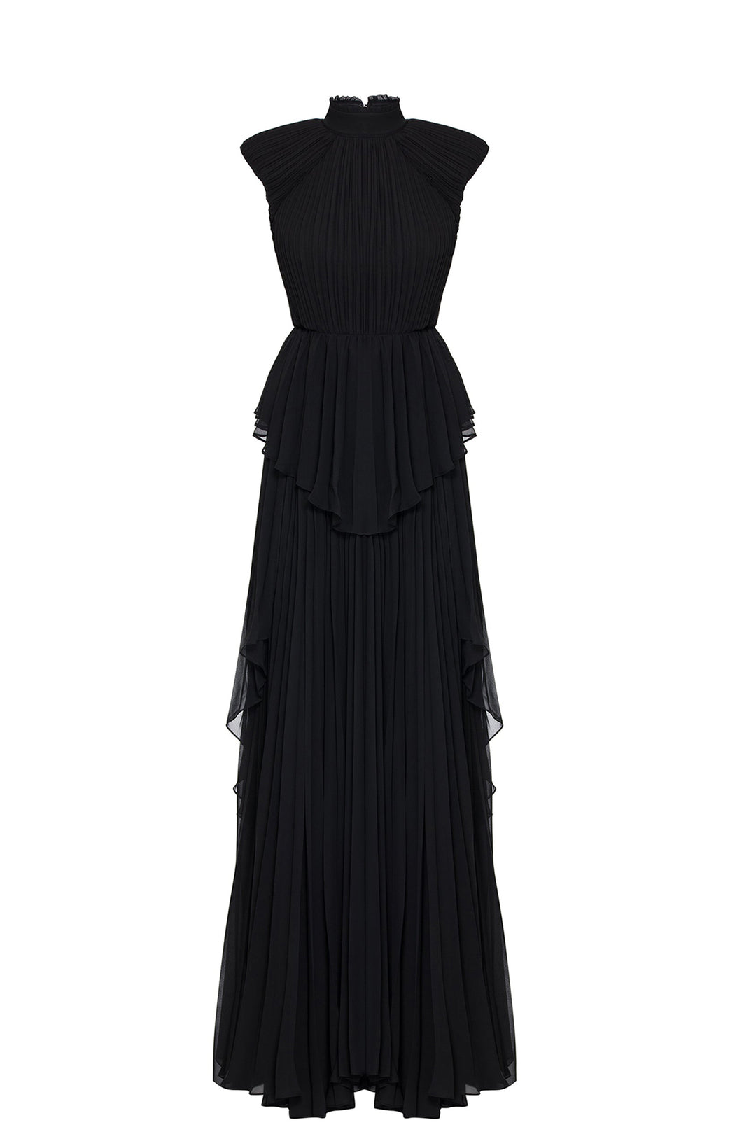 Plissé High-Neckline Belted Flared Dress