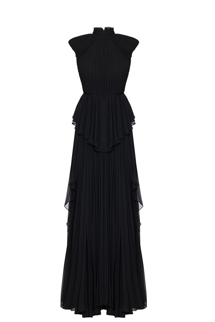 Plissé High-Neckline Belted Flared Dress