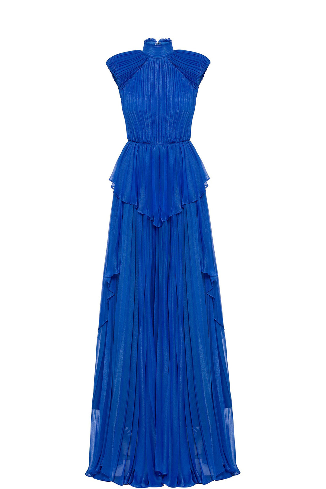 Plissé High-Neckline Belted Flared Dress