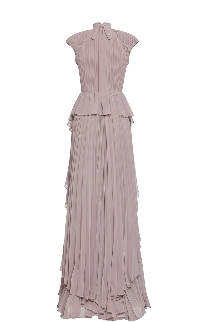 Plissé High-Neckline Belted Flared Dress