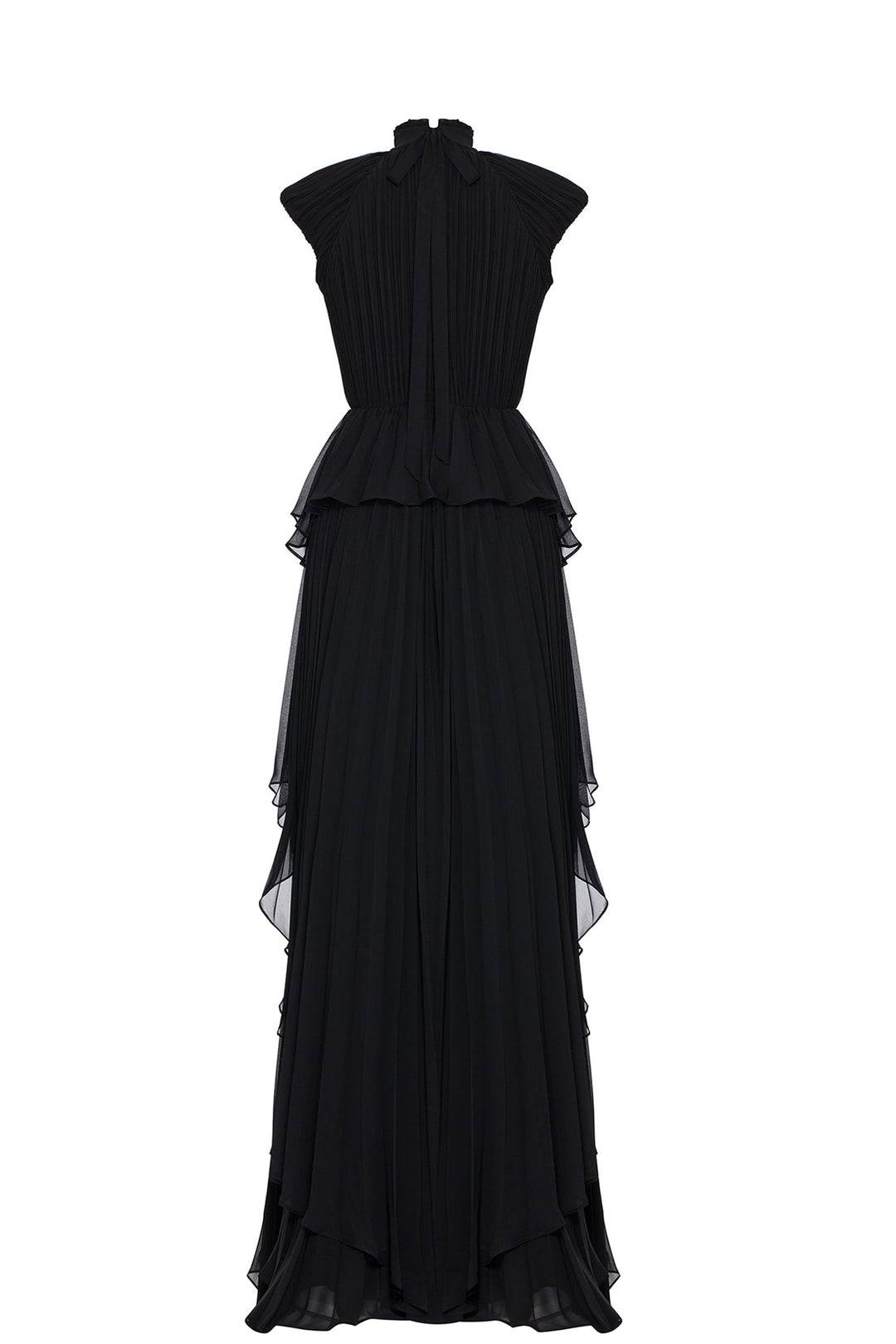 Plissé High-Neckline Belted Flared Dress