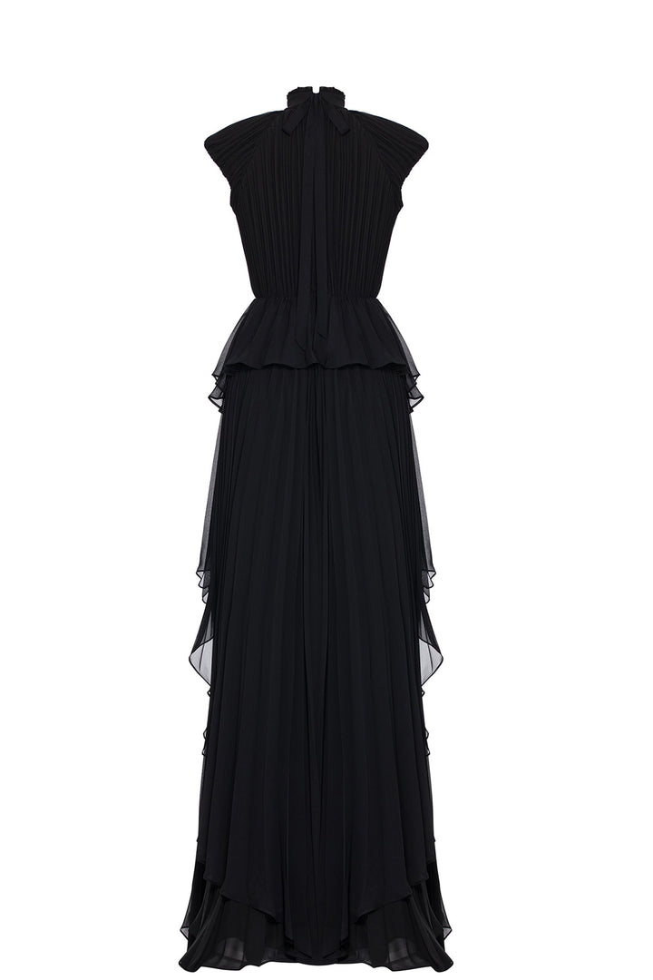 Plissé High-Neckline Belted Flared Dress