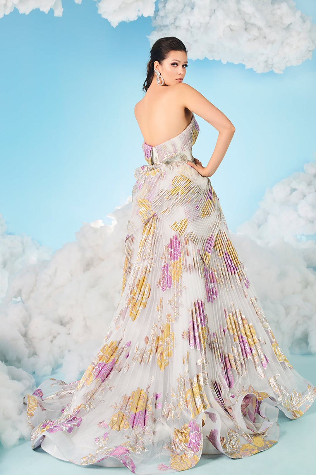 Plissé Organza Strapless Flared Dress