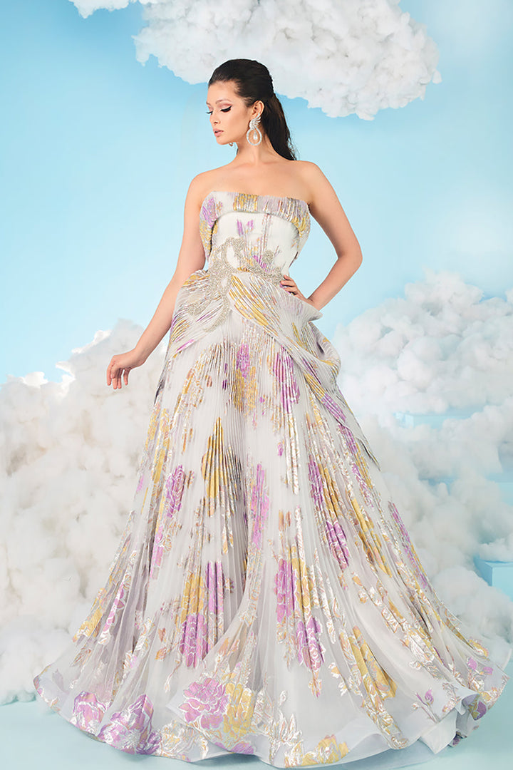 Plissé Organza Strapless Flared Dress