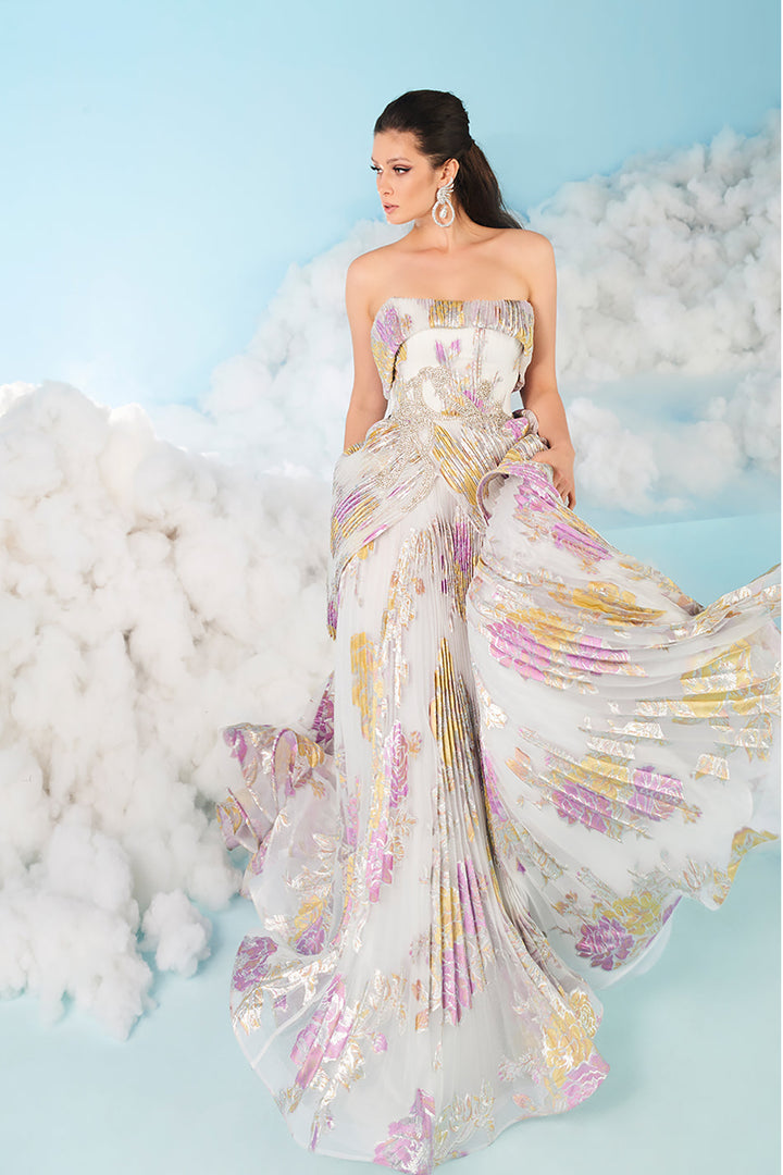 Plissé Organza Strapless Flared Dress