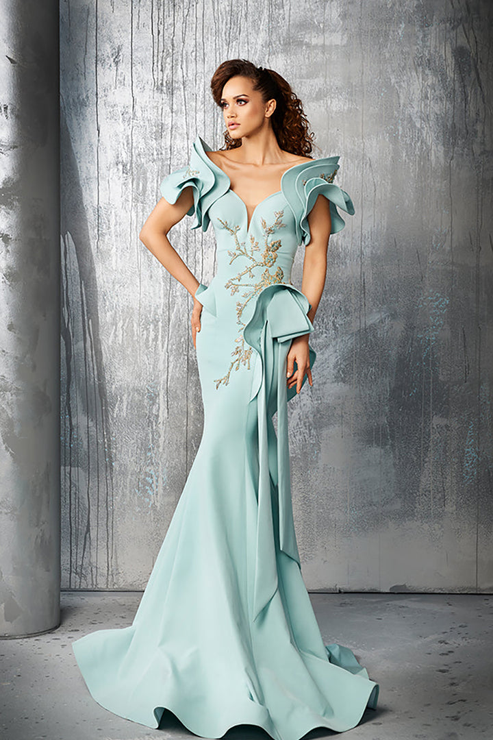 Crepe Mermaid Dress with V-Neckline and Embroidery