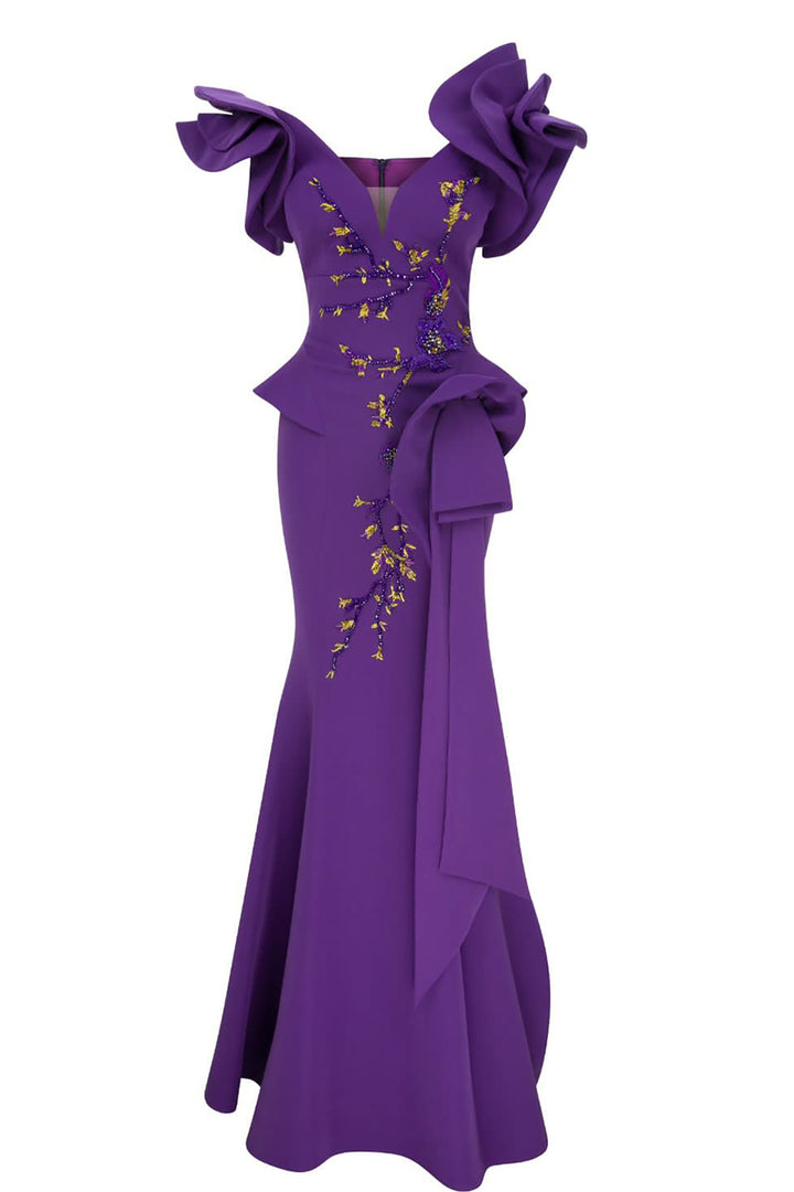 Crepe Mermaid Dress with V-Neckline and Embroidery