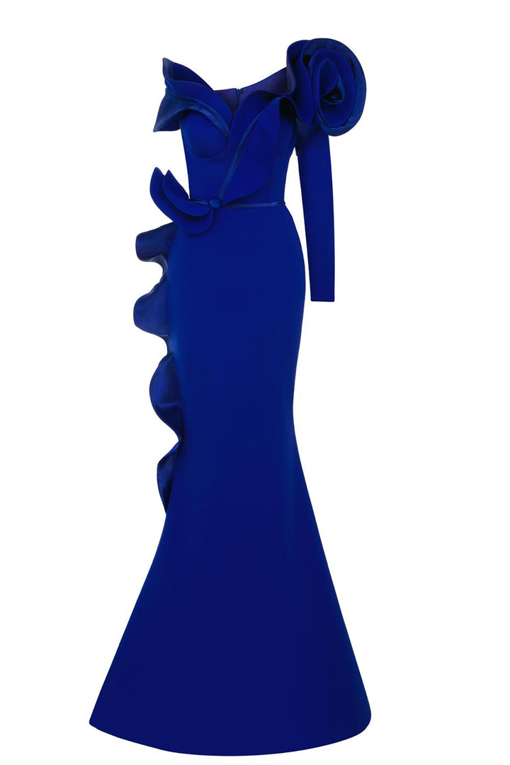 Crepe-Satin Mermaid Dress with V-Neckline