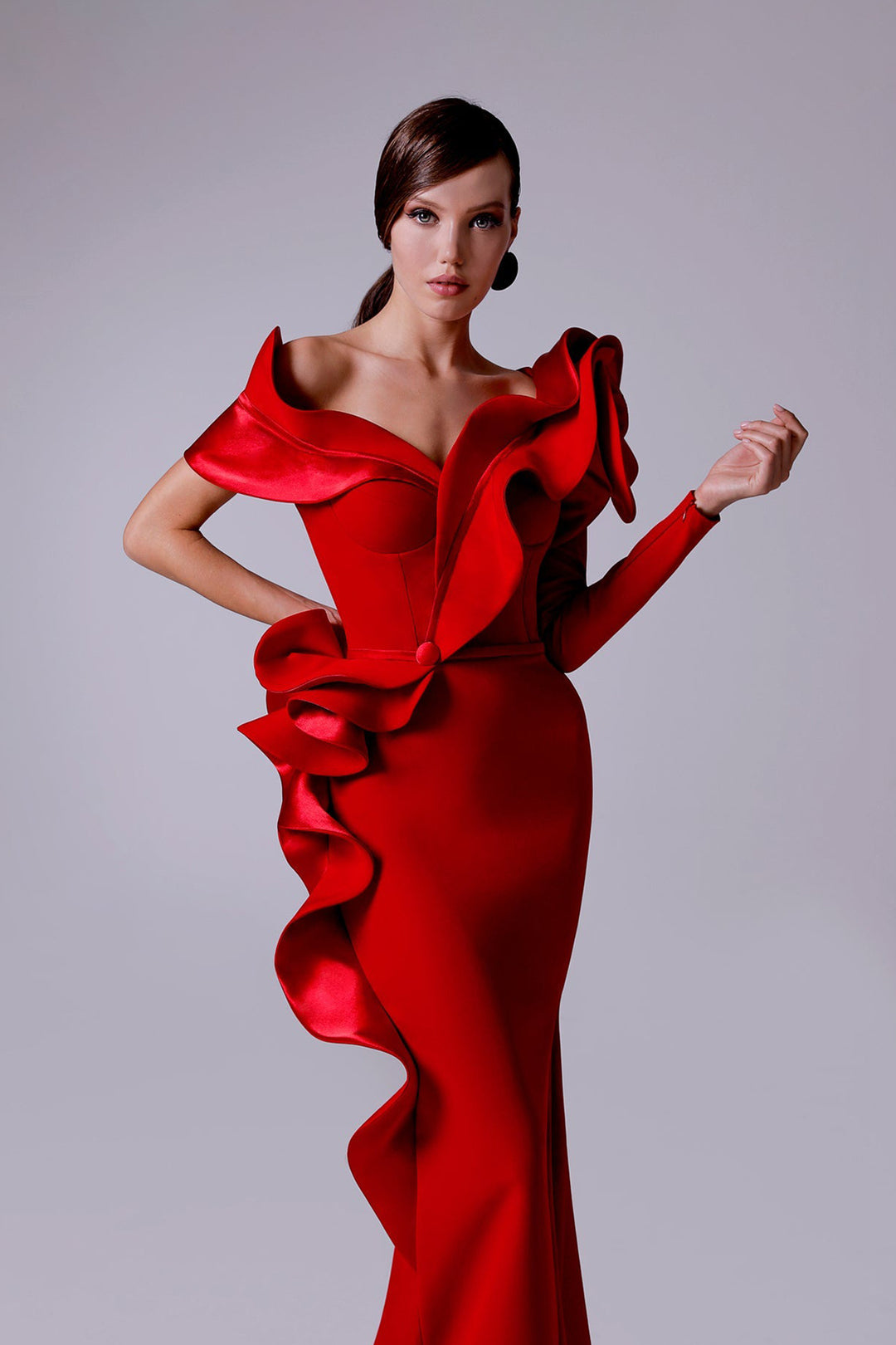 Crepe-Satin Mermaid Dress with V-Neckline