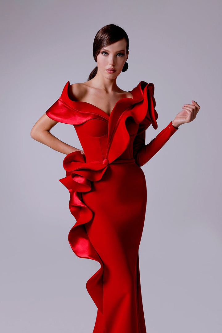 Crepe-Satin Mermaid Dress with V-Neckline