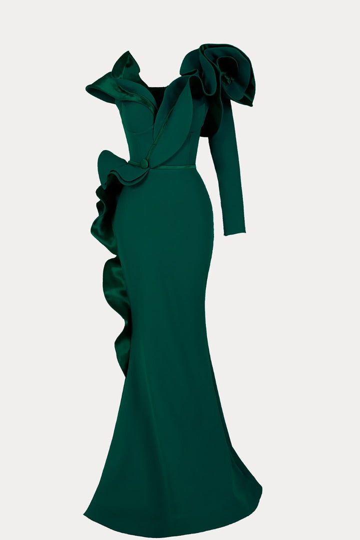 Crepe-Satin Mermaid Dress with V-Neckline