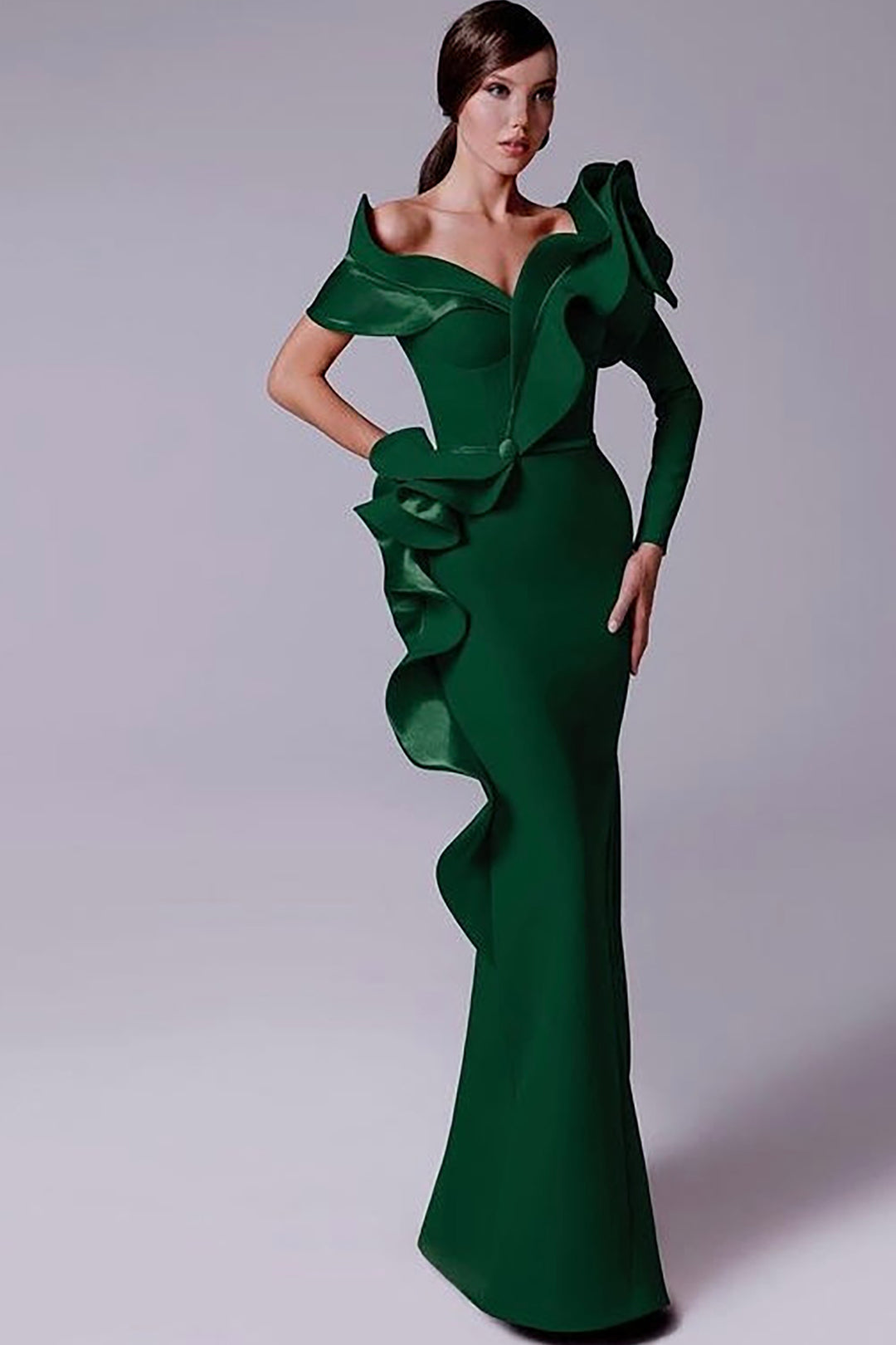 Crepe-Satin Mermaid Dress with V-Neckline