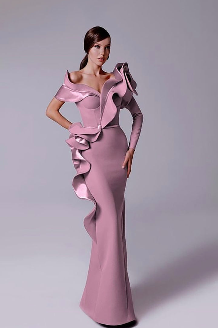 Crepe-Satin Mermaid Dress with V-Neckline