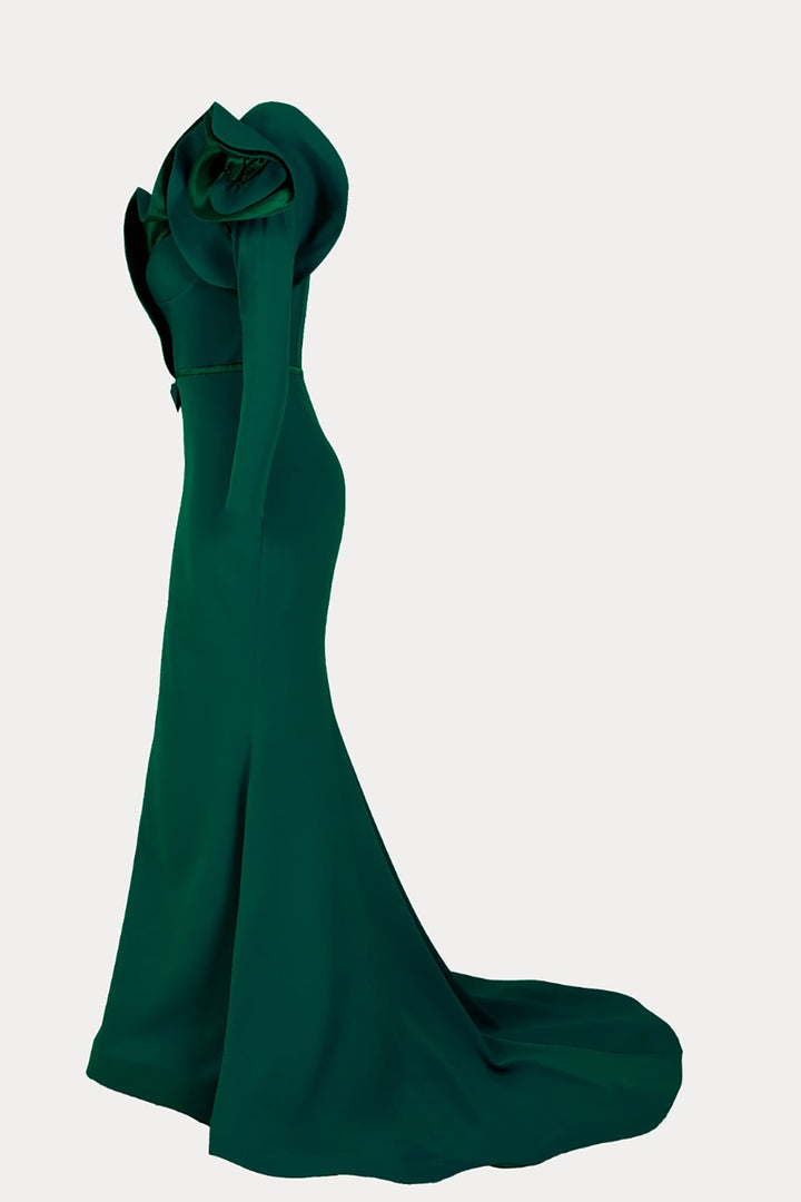 Crepe-Satin Mermaid Dress with V-Neckline