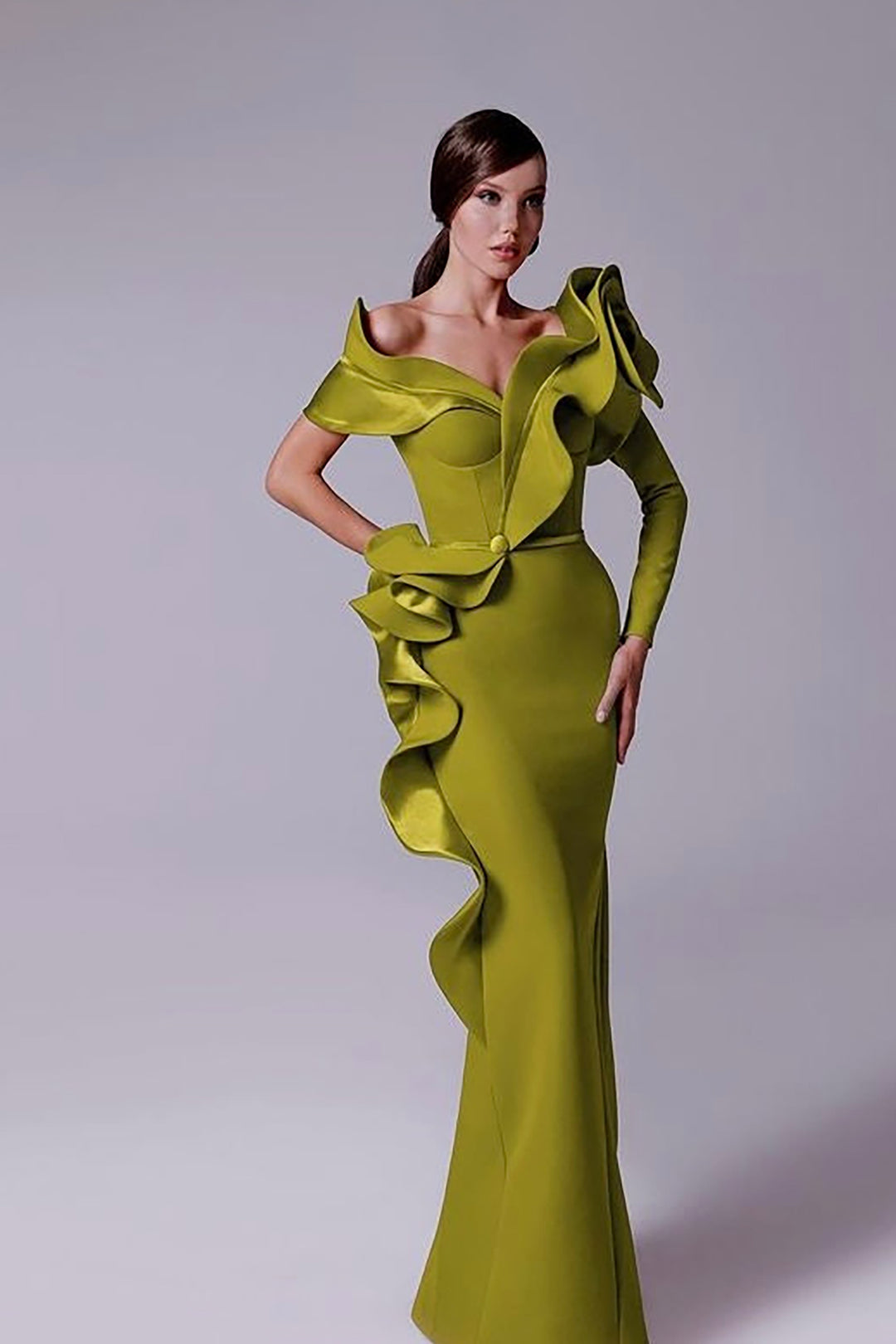 Crepe-Satin Mermaid Dress with V-Neckline