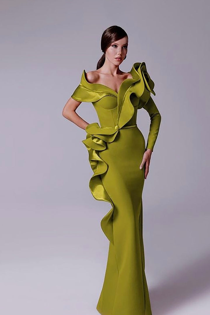 Crepe-Satin Mermaid Dress with V-Neckline