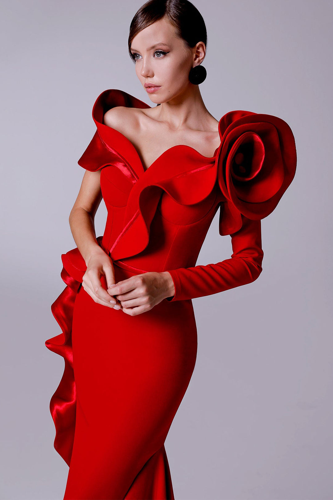 Crepe-Satin Mermaid Dress with V-Neckline