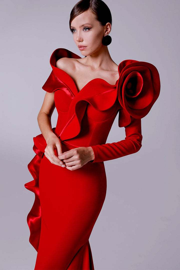 Crepe-Satin Mermaid Dress with V-Neckline