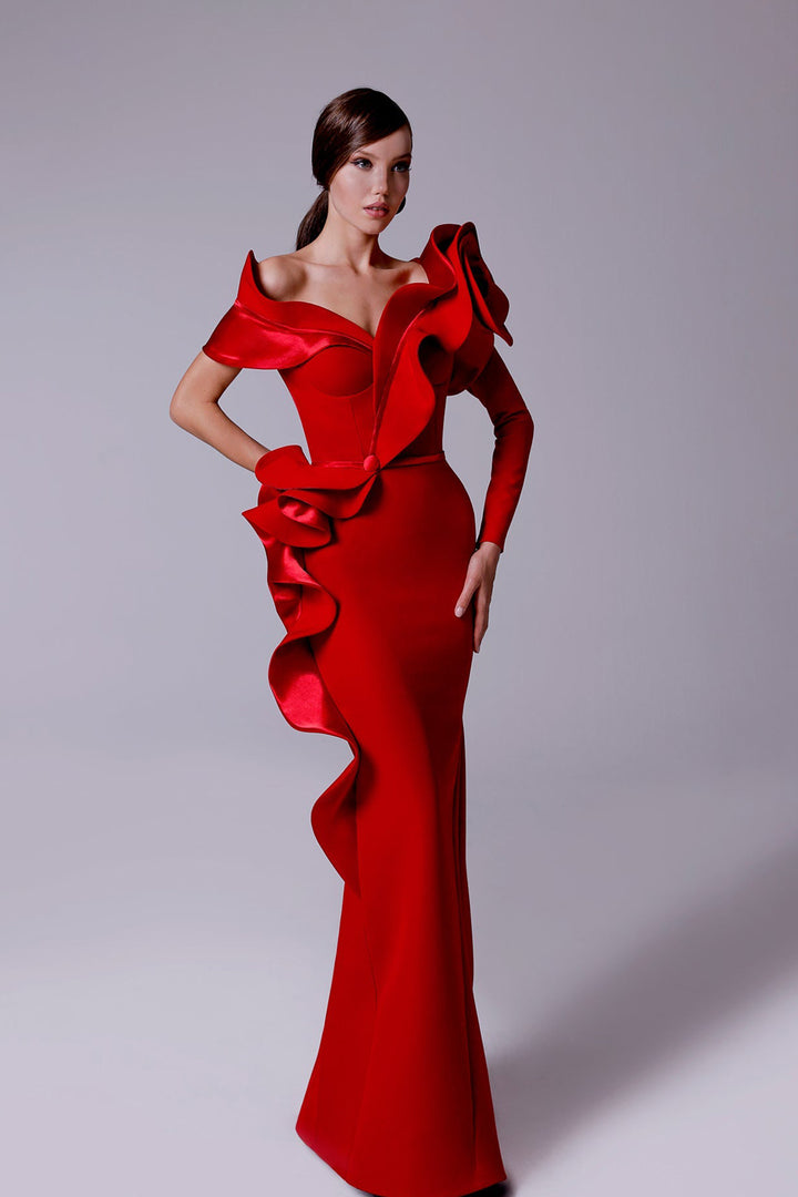 Crepe-Satin Mermaid Dress with V-Neckline