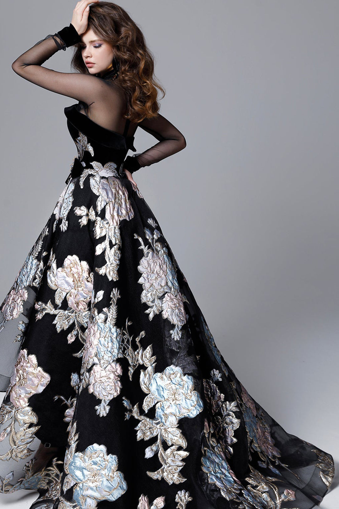 Jacquard Organza And Velvet Illusion V-Neckline Dress