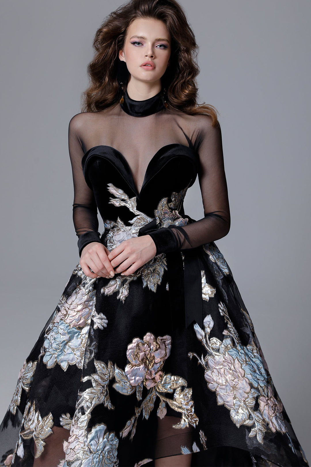 Jacquard Organza And Velvet Illusion V-Neckline Dress