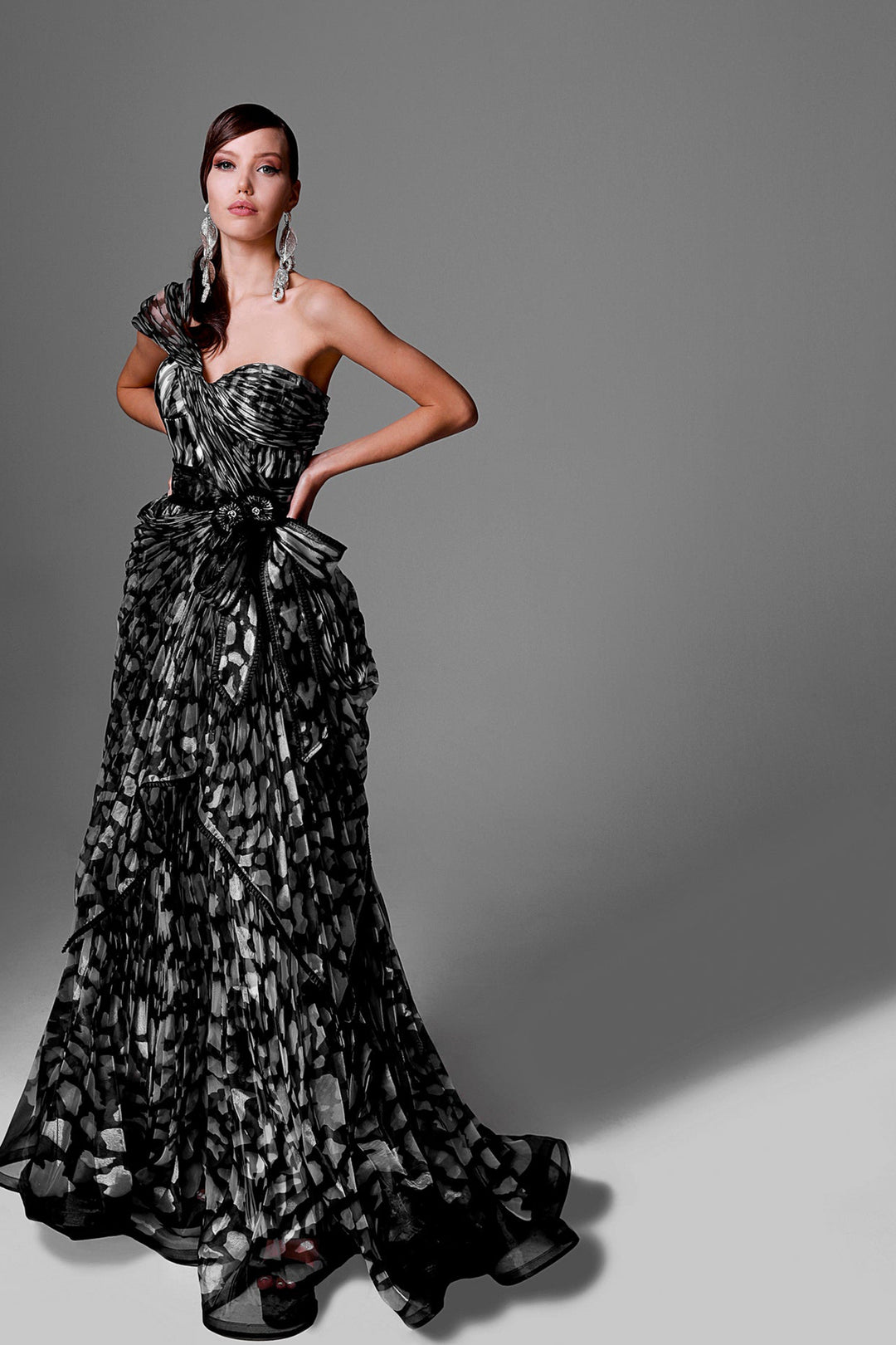 Digitized Organza Strapless Flared Dress with Embroidery