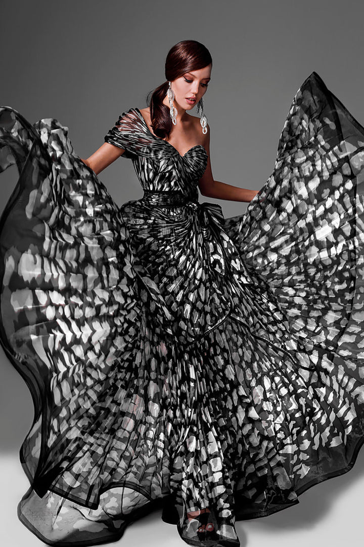 Digitized Organza Strapless Flared Dress with Embroidery