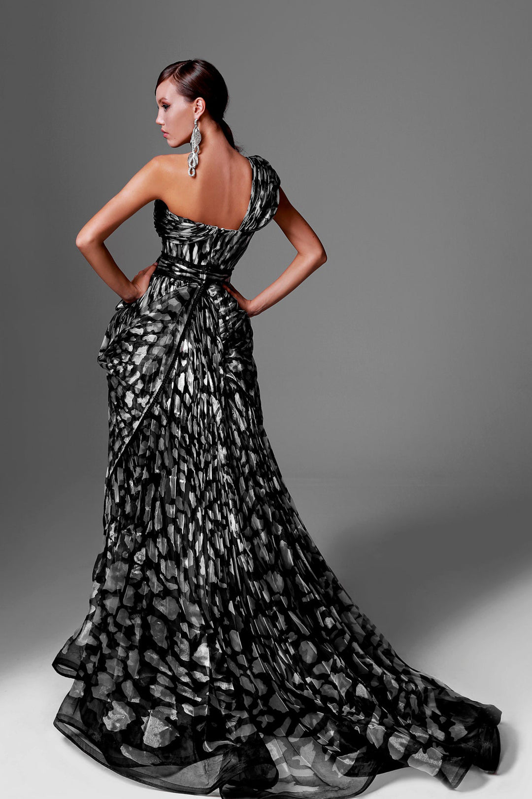 Digitized Organza Strapless Flared Dress with Embroidery