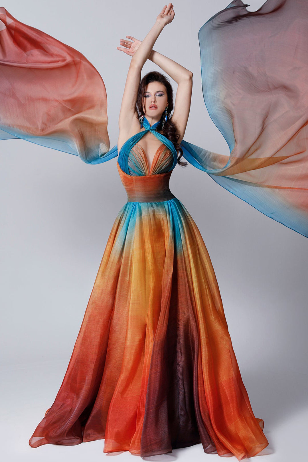 Digitalized Organza Dress with Grecian Neckline Orange with Blue / FR 46 Digitalized Organza Dress with Grecian Neckline Orange with Blue / FR 46
