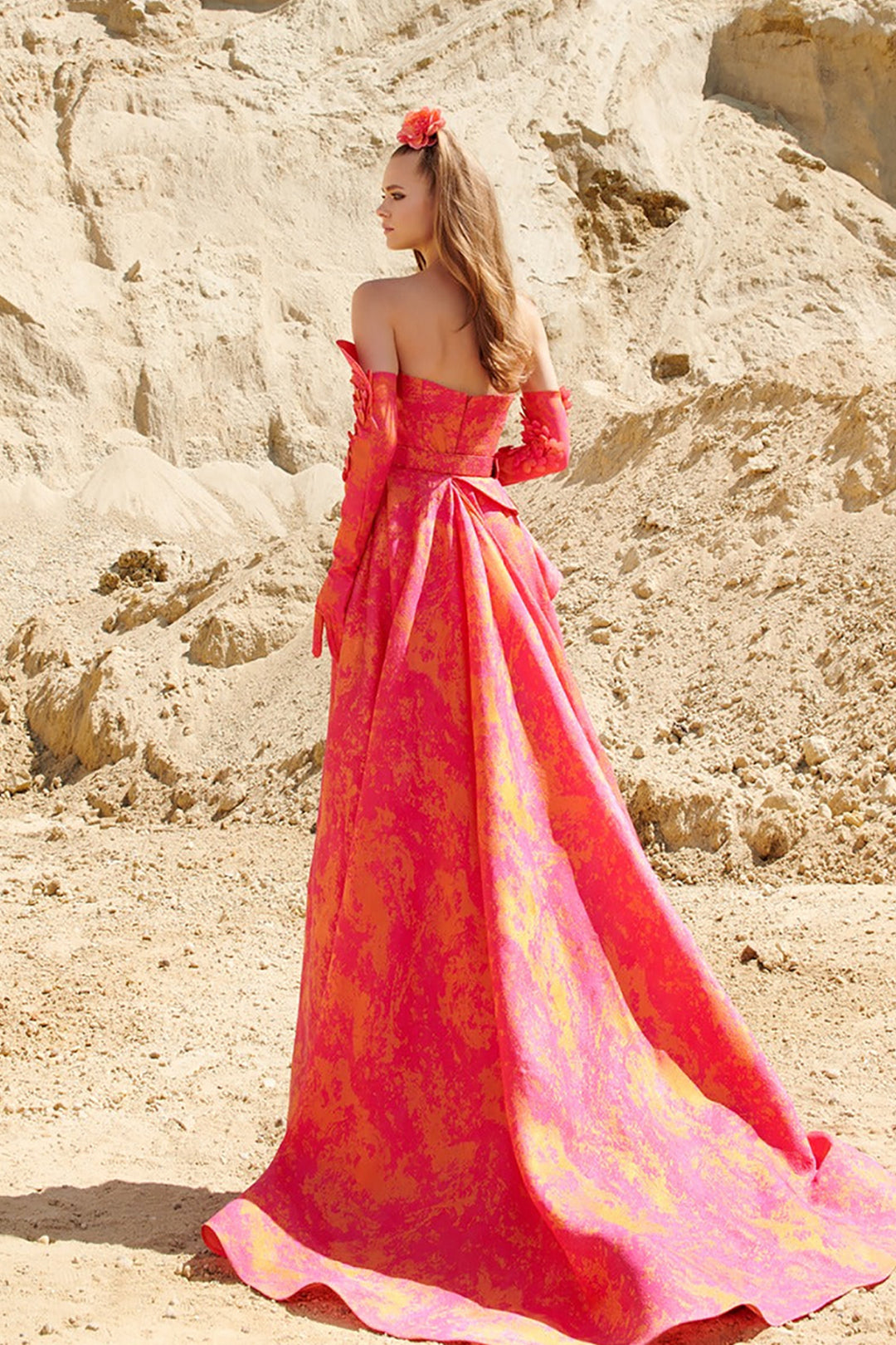 Strapless Jaquard Dress with Embellished Bust