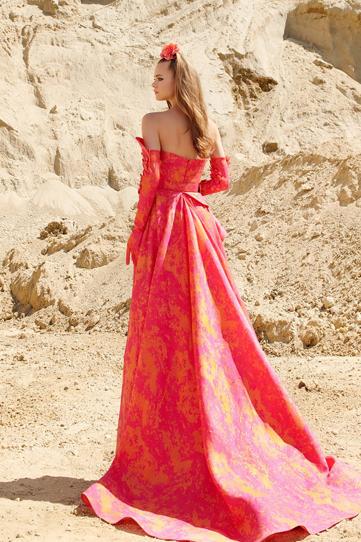 Strapless Jaquard Dress with Embellished Bust