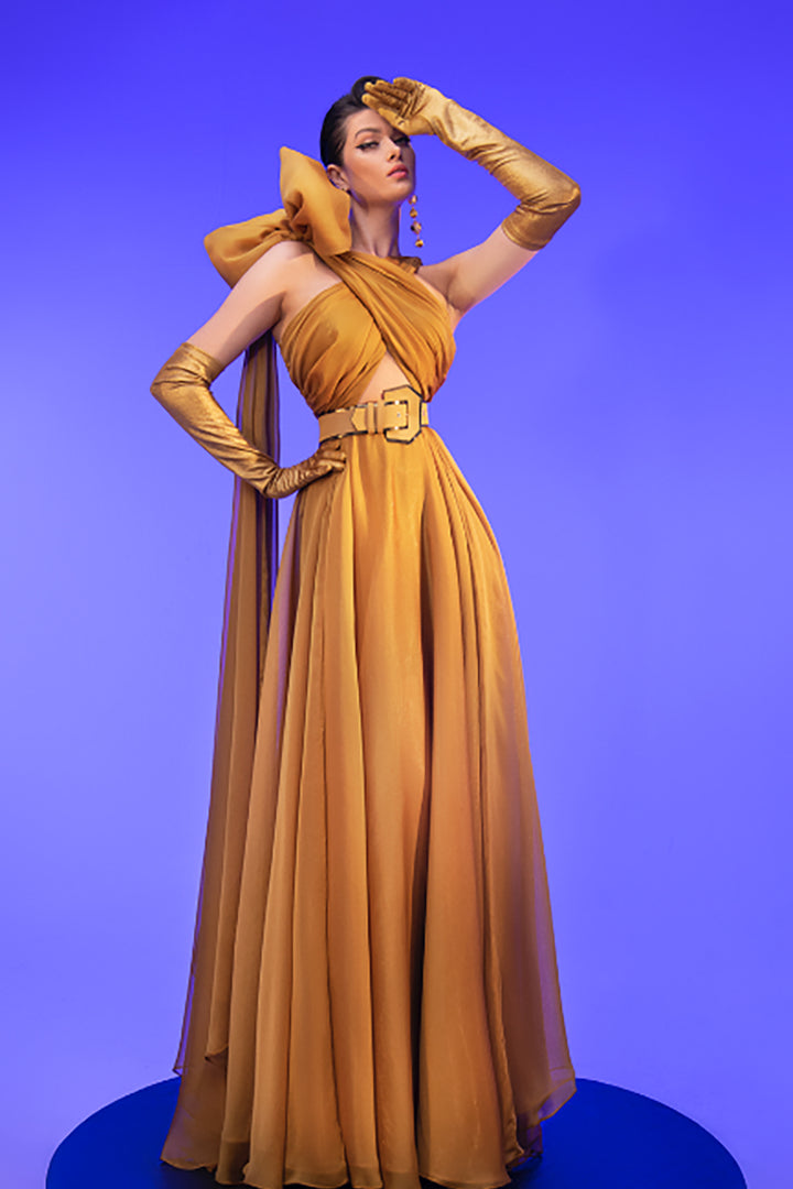 A-Line Chiffon Dress with Embellished Shoulder Tie