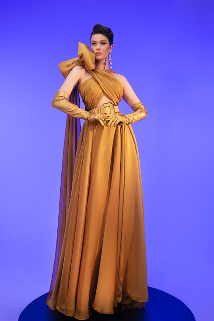 A-Line Chiffon Dress with Embellished Shoulder Tie