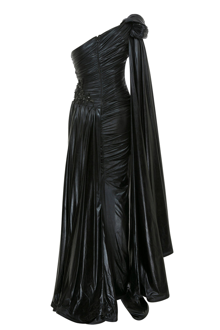 Asymmetric Lycra Dress with Sarong and Embroidered Waist