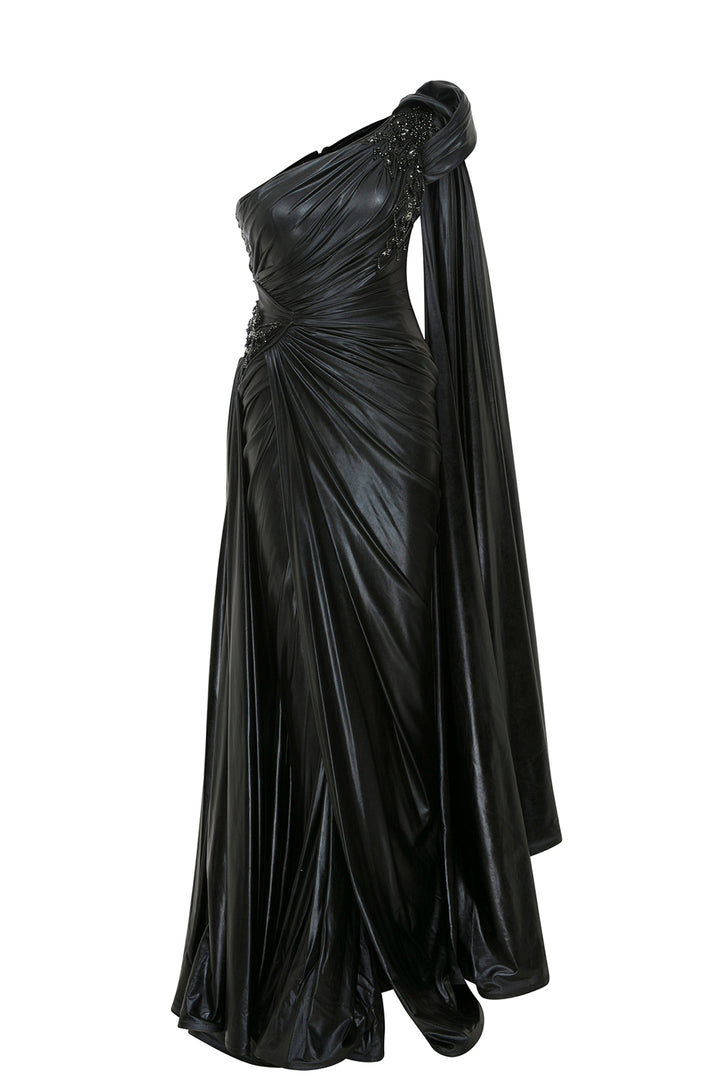 Asymmetric Lycra Dress with Sarong and Embroidered Waist