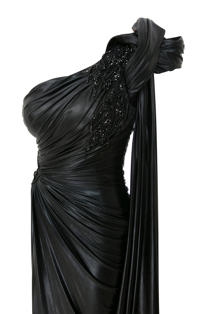 Asymmetric Lycra Dress with Sarong and Embroidered Waist