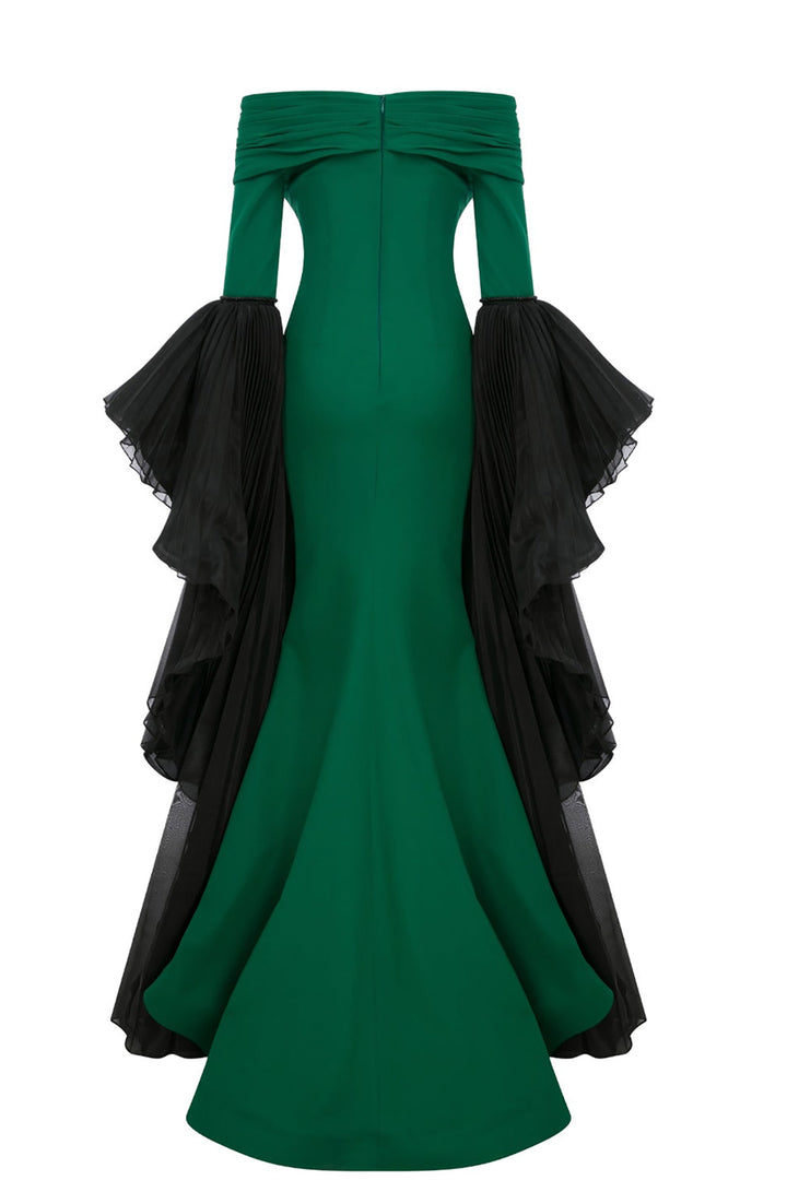 Mermaid Crepe-Organza Dress with Tassels