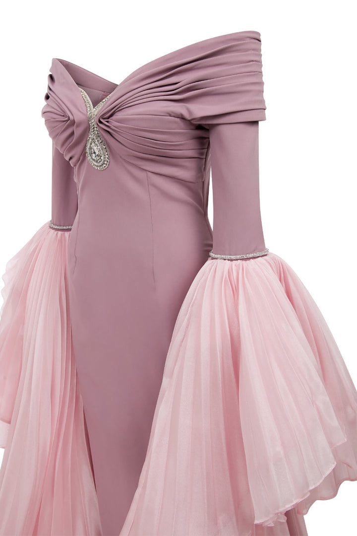 Mermaid Crepe-Organza Dress with Tassels